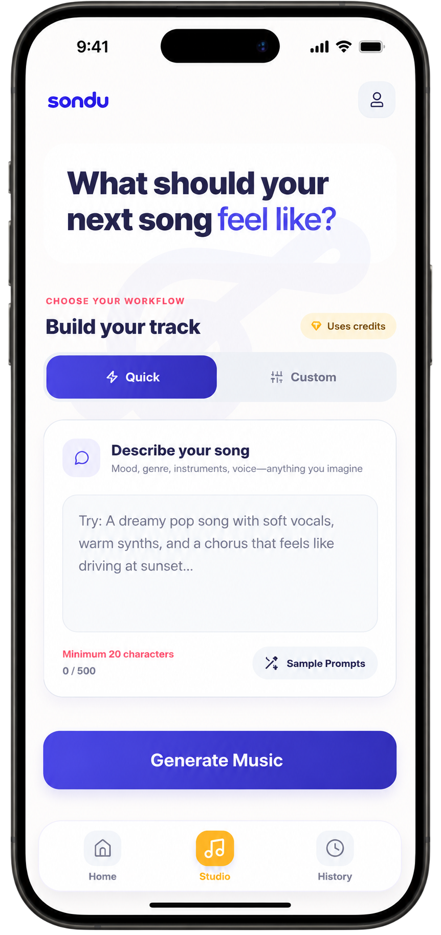 Sondu mobile app interface for generating music from a written prompt