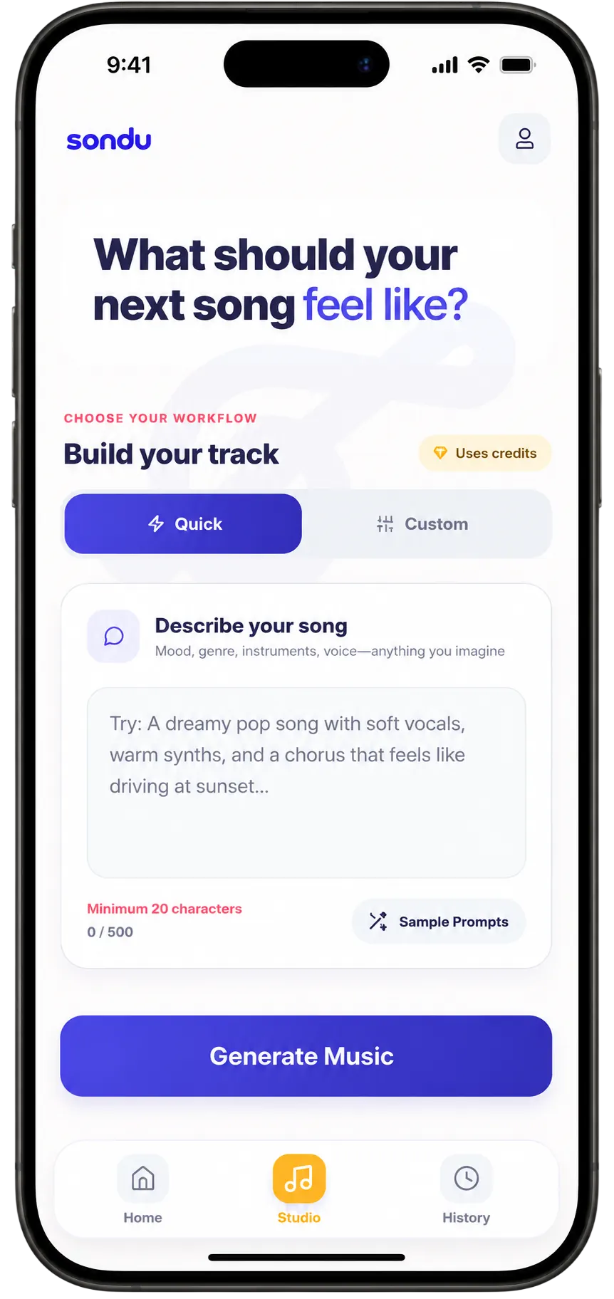 Sondu mobile app interface for generating music from a written prompt